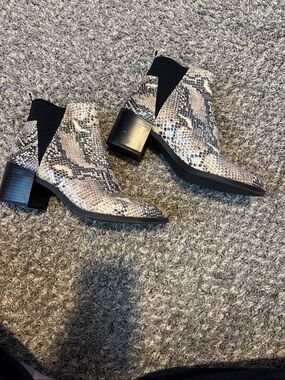 Nine West Snake-Print Chelsea Booties in Taupe and Black